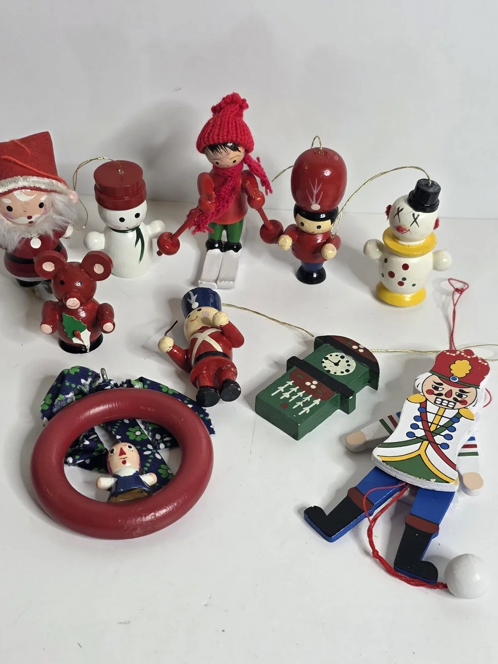 Vintage assorted Red and Multicolor Wooden Holiday Toy Ornaments Christmas 10 PC